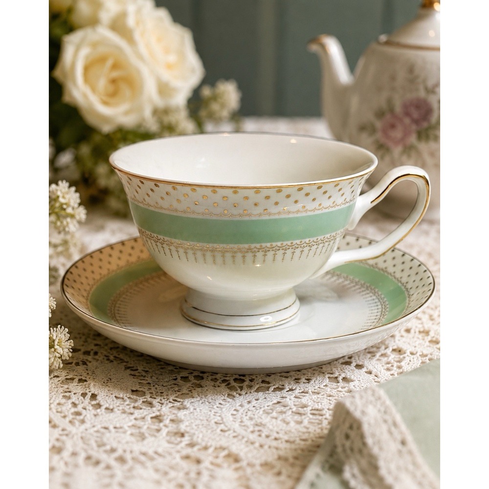 Grace's Teaware Mint Green Gold Polka Dot Tea Cup & Saucer Set Fine China
